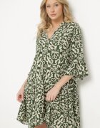 defox Rochie Verde Amplă din Bumbac cu Model Etnic Zalista