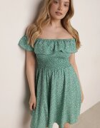 defox Rochie Verde Bumbac cu Decolteu Spaniol și Partea de sus încrețită cu flori Samorea