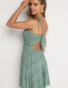 defox Rochie verde cambrată din bumbac florală cu bretele cu legătură la spate Neliora