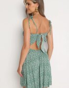 defox Rochie verde cambrată din bumbac florală cu bretele cu legătură la spate Neliora