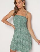 defox Rochie verde cambrată din bumbac florală cu bretele cu legătură la spate Neliora