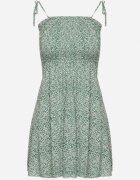 defox Rochie verde cambrată din bumbac florală cu bretele cu legătură la spate Neliora