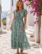 defox Rochie Verde Cloș Petrecută din bumbac cu model Paisley cu elastic în talie Zonne