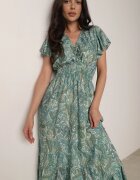 defox Rochie Verde Cloș Petrecută din bumbac cu model Paisley cu elastic în talie Zonne