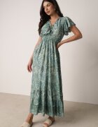 defox Rochie Verde Cloș Petrecută din bumbac cu model Paisley cu elastic în talie Zonne