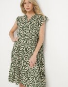 defox Rochie verde de bumbac cu croi evazat cu imprimeu ornamental Zalimea