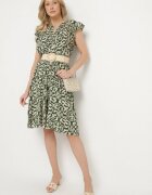 defox Rochie verde de bumbac cu croi evazat cu imprimeu ornamental Zalimea