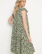 defox Rochie verde de bumbac cu croi evazat cu imprimeu ornamental Zalimea