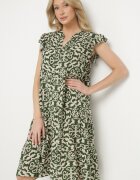 defox Rochie verde de bumbac cu croi evazat cu imprimeu ornamental Zalimea