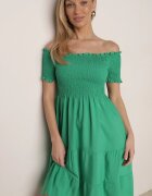 defox Rochie Verde de Bumbac cu Decolteu Spaniol cu Volane Ample la Bază Bliria
