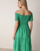 defox Rochie Verde de Bumbac cu Decolteu Spaniol cu Volane Ample la Bază Bliria