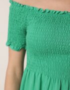 defox Rochie Verde de Bumbac cu Decolteu Spaniol cu Volane Ample la Bază Bliria