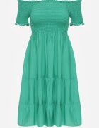 defox Rochie Verde de Bumbac cu Decolteu Spaniol cu Volane Ample la Bază Bliria