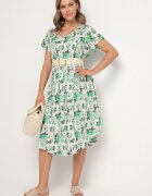 defox Rochie Verde de bumbac cu tiv asimetric cu imprimeu floral Nativienne