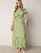 defox Rochie Verde deschis de bumbac cu Mâneci Bufante cu Elastic în Talie și Volan Vimaliana