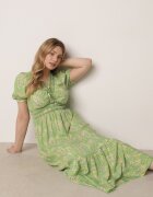 defox Rochie Verde deschis de bumbac cu Mâneci Bufante cu Elastic în Talie și Volan Vimaliana