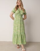 defox Rochie Verde deschis de bumbac cu Mâneci Bufante cu Elastic în Talie și Volan Vimaliana