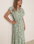 defox Rochie Verde Deschis din Bumbac cu Model Ornamental cu Elastic în Talie și Volane Fioralas