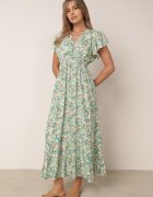 defox Rochie Verde Deschis din Bumbac cu Model Ornamental cu Elastic în Talie și Volane Fioralas