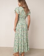 defox Rochie Verde Deschis din Bumbac cu Model Ornamental cu Elastic în Talie și Volane Fioralas