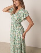defox Rochie Verde Deschis din Bumbac cu Model Ornamental cu Elastic în Talie și Volane Fioralas