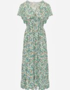 defox Rochie Verde Deschis din Bumbac cu Model Ornamental cu Elastic în Talie și Volane Fioralas