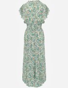 defox Rochie Verde Deschis din Bumbac cu Model Ornamental cu Elastic în Talie și Volane Fioralas