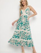 defox Rochie Verde din Bumbac Cloș cu Dantelă cu Imprimeu Tropical Alusela