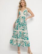 defox Rochie Verde din Bumbac Cloș cu Dantelă cu Imprimeu Tropical Alusela