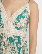 defox Rochie Verde din Bumbac Cloș cu Dantelă cu Imprimeu Tropical Alusela