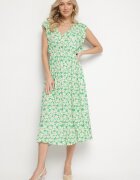 defox Rochie Verde din bumbac cu flori cu croi evazat cu elastic Alanilia