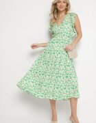 defox Rochie Verde din bumbac cu flori cu croi evazat cu elastic Alanilia