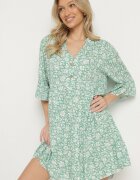 defox Rochie Verde Din bumbac Cu flori Evazată Jenaleira