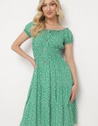 defox Rochie verde din bumbac cu flori mici cu elastic în talie Fielita