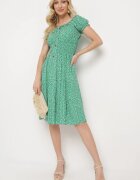 defox Rochie verde din bumbac cu flori mici cu elastic în talie Fielita