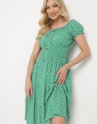 defox Rochie verde din bumbac cu flori mici cu elastic în talie Fielita