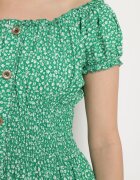 defox Rochie verde din bumbac cu flori mici cu elastic în talie Fielita