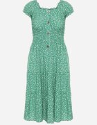 defox Rochie verde din bumbac cu flori mici cu elastic în talie Fielita