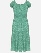defox Rochie verde din bumbac cu flori mici cu elastic în talie Fielita
