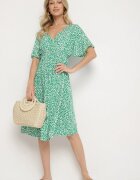 defox Rochie verde din bumbac evazată cu imprimeu floral Aramine
