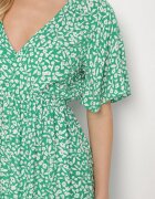 defox Rochie verde din bumbac evazată cu imprimeu floral Aramine
