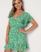 defox Rochie Verde Evazată Din bumbac cu elastic în talie și volane Nelsea