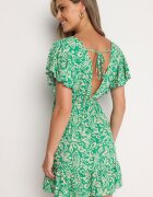 defox Rochie Verde Evazată Din bumbac cu elastic în talie și volane Nelsea