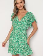 defox Rochie Verde Evazată Din bumbac cu elastic în talie și volane Nelsea
