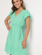 defox Rochie Verde Evazată din Bumbac cu nasturi și volane Natinema