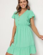 defox Rochie Verde Evazată din Bumbac cu nasturi și volane Natinema