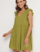 defox Rochie Verde Evazată din Bumbac Decorată cu Volane Natiriane