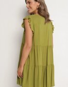 defox Rochie Verde Evazată din Bumbac Decorată cu Volane Natiriane