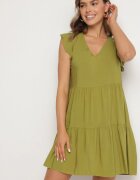 defox Rochie Verde Evazată din Bumbac Decorată cu Volane Natiriane