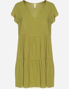 defox Rochie Verde Evazată din Bumbac Decorată cu Volane Natiriane